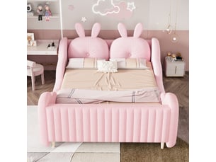 Lit 140x200cm - tissu teddy velours rose - coussins oreilles de lapin - barrières latérales nuage - structure bois renforcée - capacité 140kg