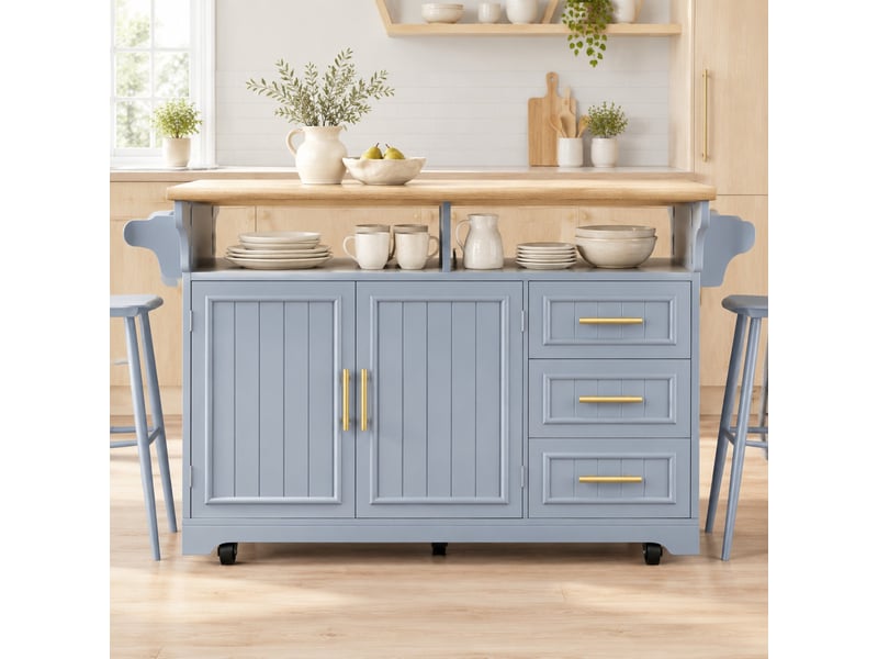 Desserte de cuisine avec 3 tiroirs, plateaux rabattables, porte-serviettes et 5 roulettes pour cuisine en mdf bleu-gris - Conforama C