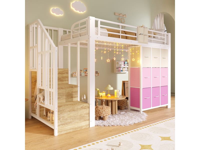  Lit mezzanine 90x200 cm en métal et mdf avec tiroirs, penderie et escalier de rangement blanc chicfurn  - Conforama B