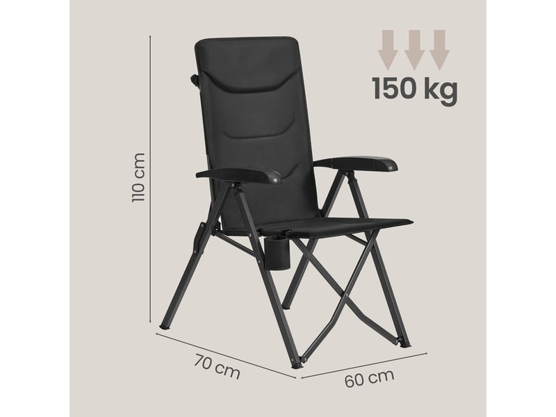 Chaise de camping, dossier réglable 95°-150°, porte-gobelet, sac de transport, pêche, jardin, noir  - Conforama D