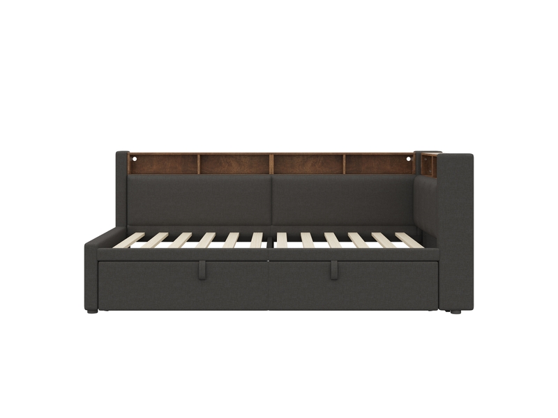  Lit de jour, 90 x 200 cm 180 x 200 cm, lit gigogne multifonctionnel, éclairage led, compartiment de rangement ouvert, canapé-lit, lit simple, matelas non inclus, lin, style minimaliste, gris  - Conforama E