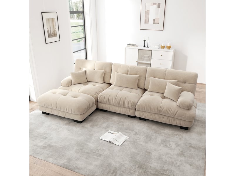  Canapé nuage d'angle modulable 3 places 313x145x81 cm avec pouf mobile, assise profonde, accoudoirs arrondis, chenille light coffee Radiant Stride - Conforama B