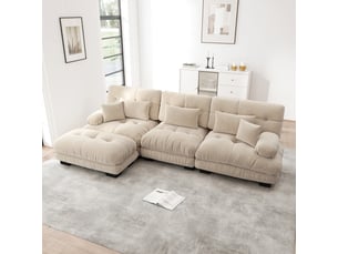 Canapé nuage d'angle modulable 3 places 313x145x81 cm avec pouf mobile, assise profonde, accoudoirs arrondis, chenille light coffee