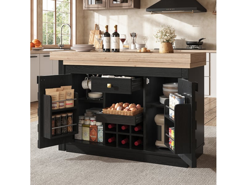  Îlot de cuisine 120-197x40x74,2 cm pivotant à 360°, rangements, porte-bouteilles amovible, tiroir, mdf, couleur noir  - Conforama D