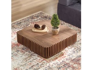Table basse carrée 80x80x35 cm en mdf avec cadre bois, coloris noyer