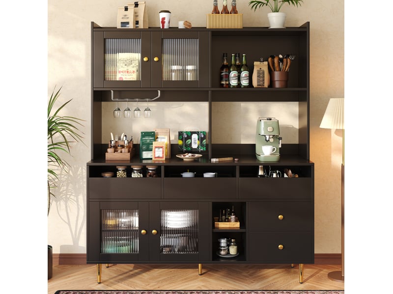  Buffet haut 145x39x171 cm, 5 tiroirs, portes en verre strié, rangement pour verres à vin, mdf, noir et doré  - Conforama B