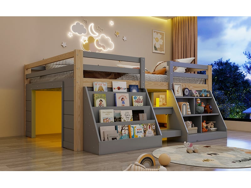 Lit mezzanine bas 140 × 200 cm, bois et mdf, led par application, rangements, échelle, sans matelas, gris et naturel - Conforama B