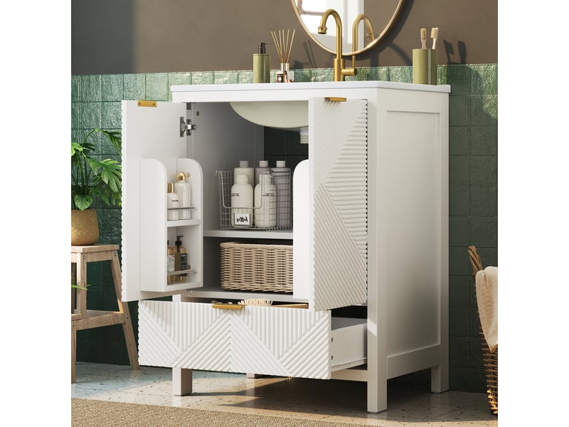  Meuble de salle de bain 61 cm avec vasque céramique, façade ondulée diagonale, blanc  - Conforama B