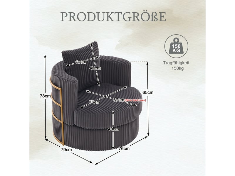  Fauteuil pivotant 360°  76 x 79 x 78 cm – coffre de rangement intégré &amp; coussin inclus –velours côtelé - gris foncé  - Conforama C