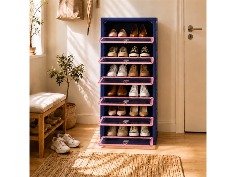  Meuble à chaussures 45x34.5x105.5cm - étagère pliable 1 colonne 6 niveaux - meuble de rangement en plastique - bleu et rose  - Conforama D