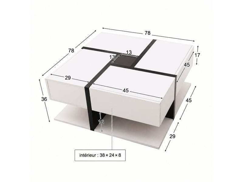  Table basse carrée noire et blanche brillante avec 4 tiroirs, 78 x 78 x 36 cm  - Conforama C