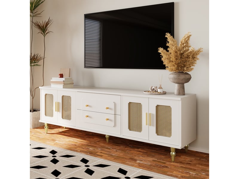  Meuble tv avec 4 portes en rotin pvc et tiroirs push-open pour salon 175×38×55,5 cm blanc  - Conforama C