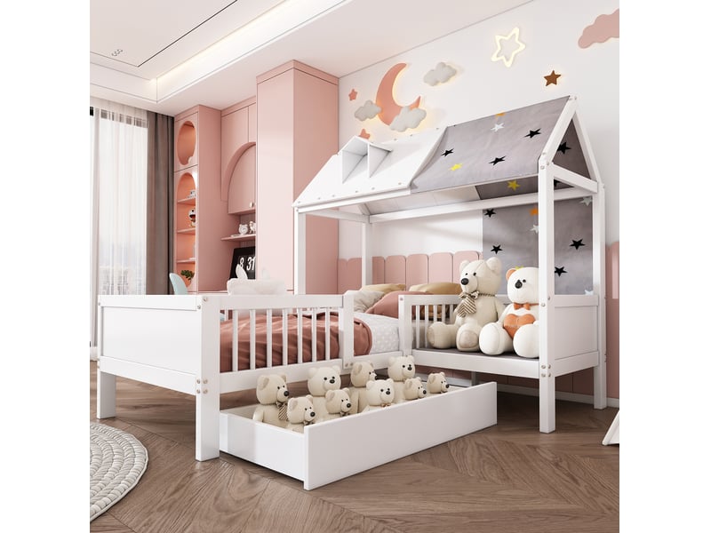  Lit cabane 90x200 cm avec toile, oreiller et 1 tiroir, bois, blanc, sans matelas  - Conforama D