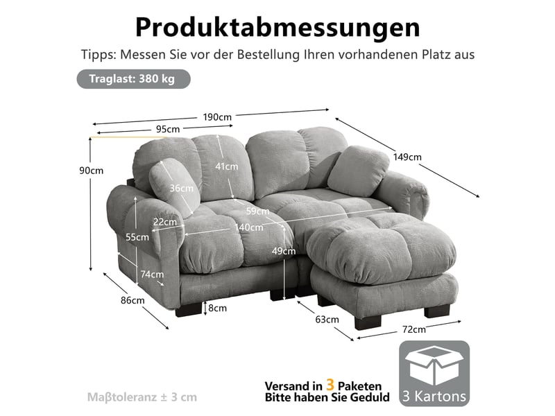 Canapé d’angle modulable 2 places 190*149*90cm en chenille avec pouf mobile gris clair chicfurn  - Conforama C