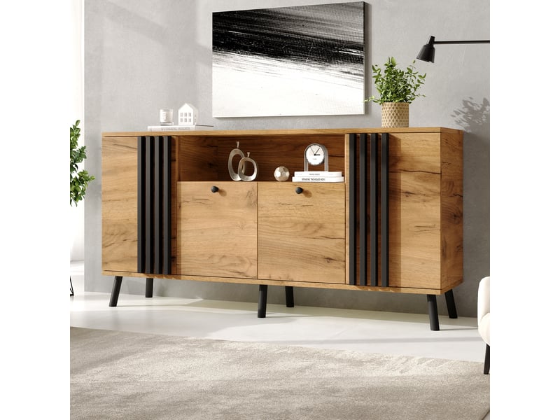  Buffet bas 140x35x71 cm avec 4 portes, 1 niche et 6 pieds en bois massif, meuble de rangement pour salon et salle à manger, mdf - noir et naturel  - Conforama B