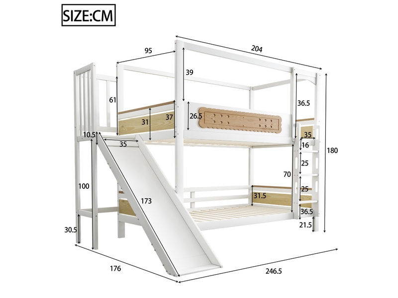  Lit étage enfant 90*200 cm, structure maison en bois, garde-corps, toboggan et échelle sécurisée, naturel et blanc  - Conforama B