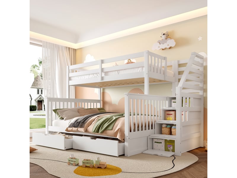  Lit superposé 90x200 et 140x200 en bois, lit superposé avec tiroirs de rangement, design blanc pour chambre d'enfant  - Conforama B