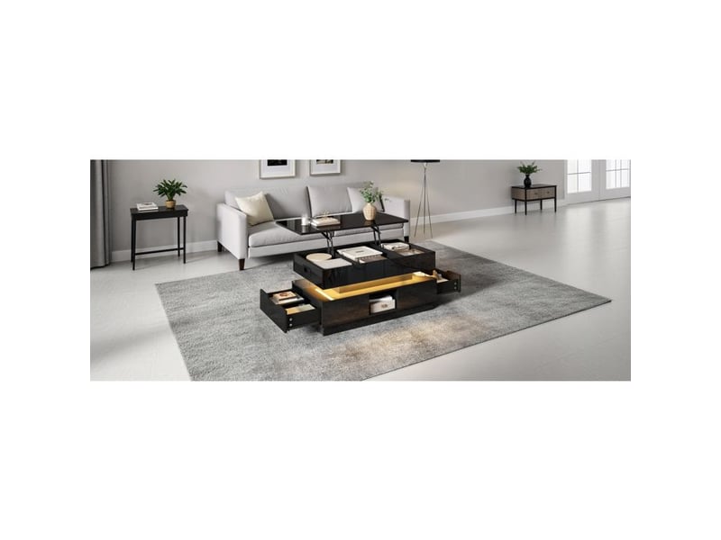  Table basse réglable - noir - mdf - plateau réglable en hauteur - éclairage led intégré 90x48x42.5cm - Conforama E