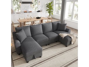Canapé d'angle panoramique fixe <strong></strong> <strong></strong> 2 places Tissu gris avec coffre de rangement