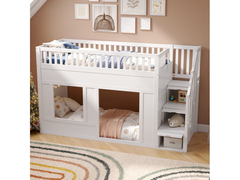 Lit simple 90x200 cm avec escalier de rangement en bois blanc  - Conforama B