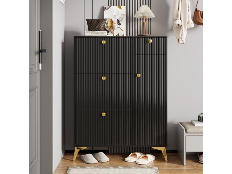  Meuble à chaussures 90x25x121 cm avec 4 portes et 1 tiroir, étagères, meuble d'entrée, pieds en métal, aggloméré et mdf, noir  - Conforama B