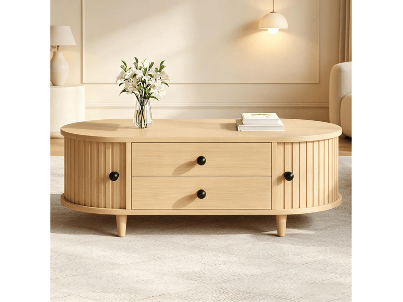  Table basse 100x50x36 cm avec 2 tiroirs et portes à rideau mdf bois clair  - Conforama C