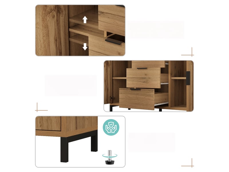  Commode à 3 tiroirs et 2 portes, 120 x 40 x 76 cm, étagères réglables et poignées métal, effet chêne foncé  - Conforama E