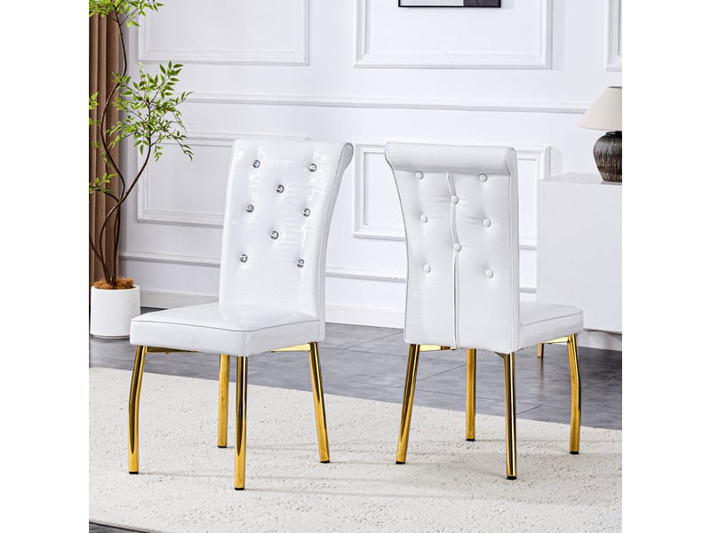  Chaises de salle à manger lot de 2 rembourrées avec boucles cristal  - pieds métal doré, pvc blanc  - Conforama B