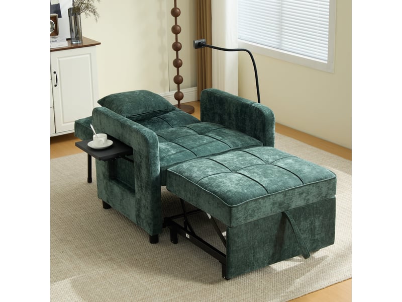  Fauteuil-lit convertible 2-en-1 en chenille vert, dossier réglable 5 positions, tablette et rangements, 167 cm IKSETERA TRADING LTD - Conforama E
