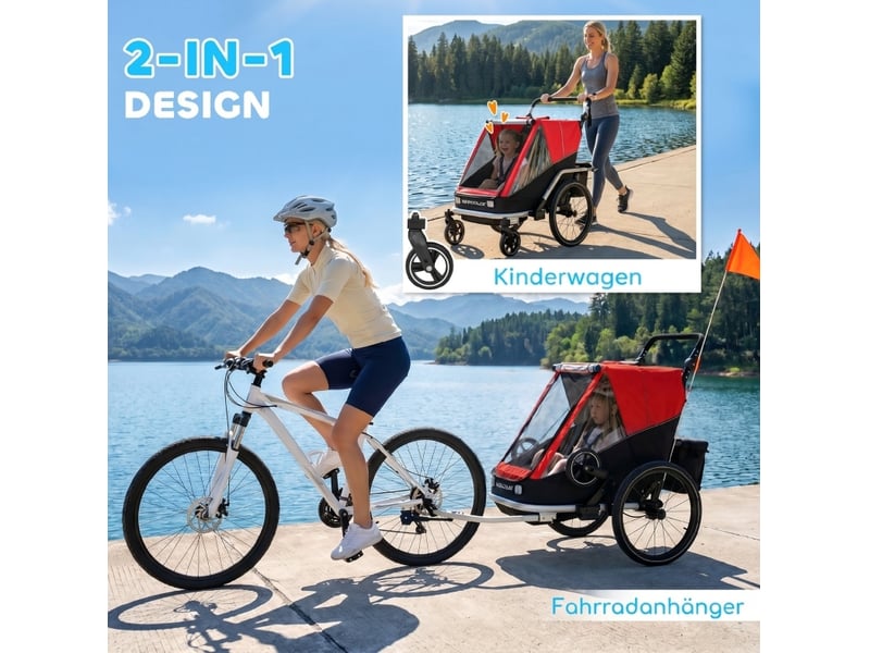  Remorque vélo enfant 2 places 2-en-1 148 x 83 x 102 cm rouge en aluminium, poussette pliable  - Conforama D