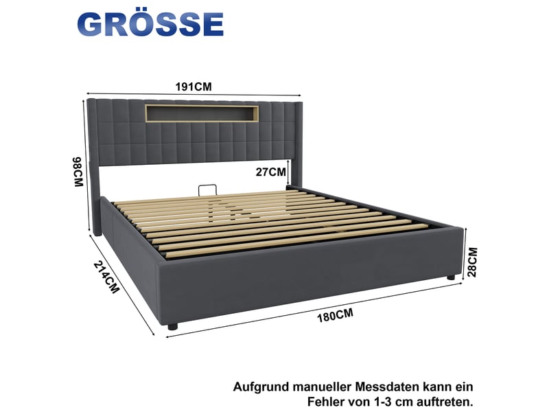  Lit coffre led 180x200 cm, lit double adulte avec recharge usb, tissu gris et métal (sans matelas)  - Conforama C