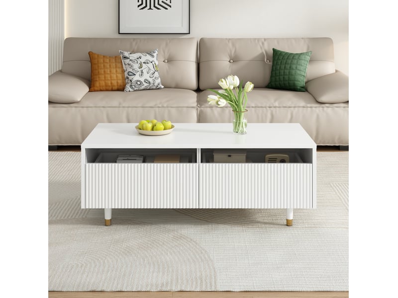  Table basse led 110 x 50 x 40 cm, 2 tiroirs, éclairage bluetooth, blanche  - Conforama E
