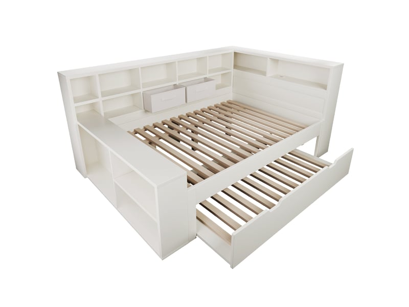  Lit avec rangement 140x190 blanc, lit en bois avec lit gigogne, 8 compartiments de rangement et ports de charge usbtype-c  - Conforama A