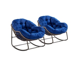 Fauteuil à bascule extérieur 78x106x90 cm – bleu marine – coussin rembourré, acier et rotin synthétique