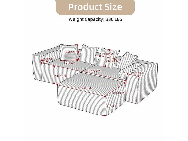  Canapé modulable d'angle 3 places compressé 266x110x60 cm, pour salon, élégant, en mousse douce et velours côtelé, gris  - Conforama C