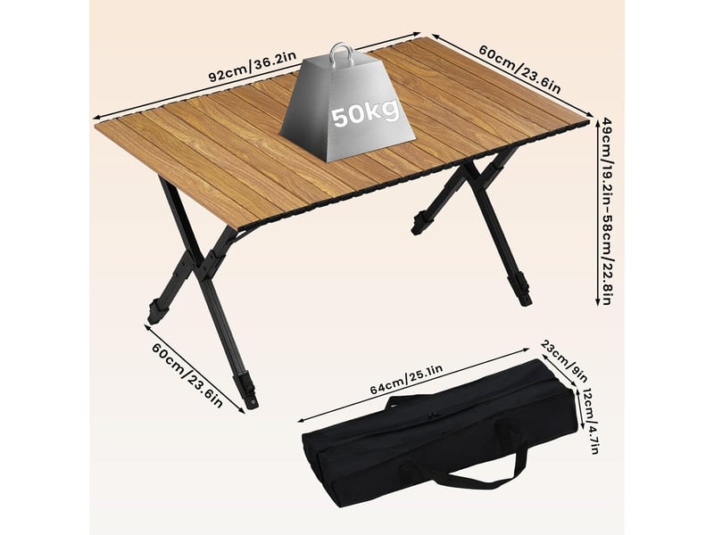 Table camping pliante,table de jardin,hauteur réglable,sac de rangement,en aluminium,chêne clair  - Conforama C