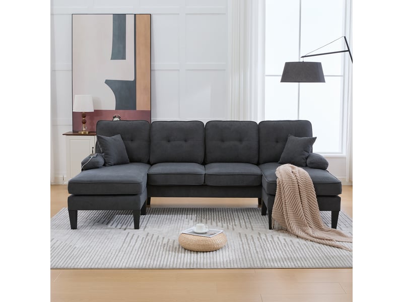  Canapé d’angle en tissu lin gris foncé, 4 places, 250 cm, panoramique, avec rangement W2845S00304 - Conforama B