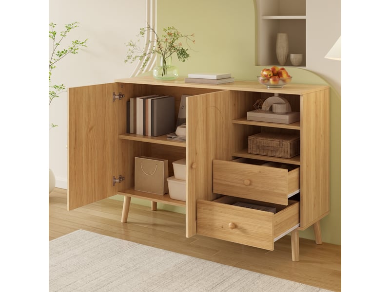 Meuble de rangement 118 x 35 x 82 cm, 2 portes, 2 tiroirs, niches ouvertes, mdf et pb, style naturel - Conforama E
