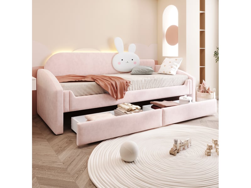  Lit enfant canapé 90 x 200 cm avec led, 2 tiroirs, velours rose et coussin lapin  - Conforama B