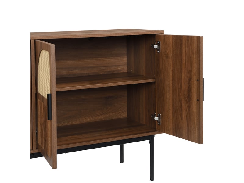  Buffet 4 portes à fermeture douce pour salon en mdf 140×40×80 cm finition noyer et rotin naturel  - Conforama D