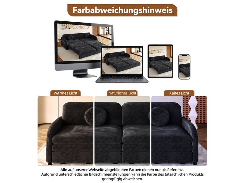  Canapé-lit 206 cm fonction couchage coussins amovibles poches de rangement latérales revêtement en chenille coloris noir  - Conforama D