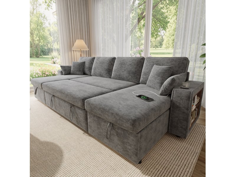  Canapé panoramique convertible 4 places avec rangement en chenille grise  - Conforama B