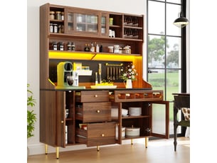Buffet de cuisine,145x39x171 cm,avec led,mdf et verre,coloris noyer