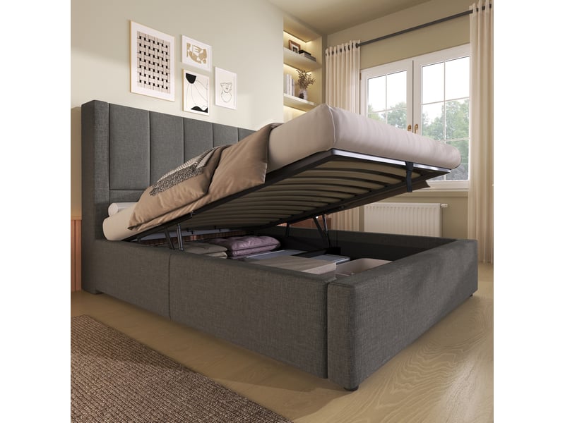  Lit coffre simple 90x200 cm, avec port usb-c, style moderne, porte-gobelet, rangements intégrés, lin gris, sans matelas  - Conforama D