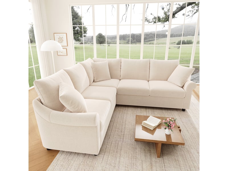  Canapé d'angle en l 5 places 217 x 217 x 83 cm, assise spacieuse et configuration conviviale pour salon, moderne, tissu chenille, beige ABC - Conforama B