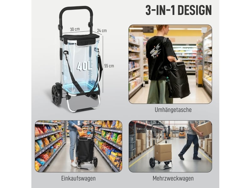  Chariot de courses pliable 45,5x35,5x97 cm – noir – 3-en-1, sac isotherme 40 l et charge 25 kg  - Conforama D