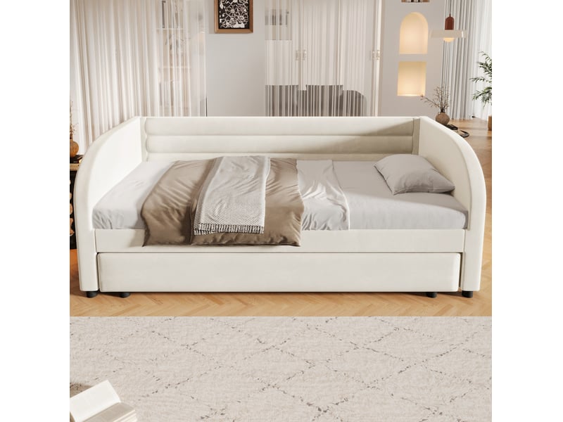  Lit 90x200 cm rembourré beige avec lit gigogne, led multicolore et sommier  - Conforama B