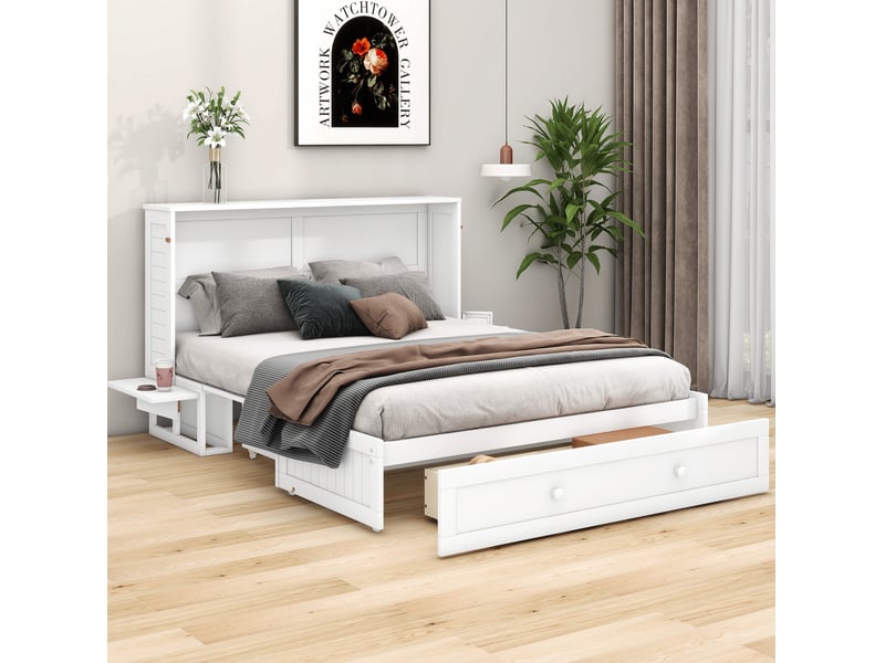  Lit escamotable 140x200 cm avec tiroir et étagères blanc  - Conforama E