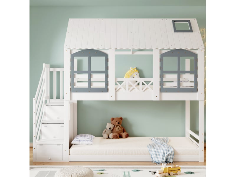  Modenvie lit superposé enfant 90x200 cm - avec toit, fenêtres et escalier de rangement - sans matelas - blanc  - Conforama D