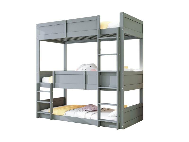 Lit superposé enfant 3 places 90×200 cm avec barrières - modulable, bois gris, sans matelas - Conforama A